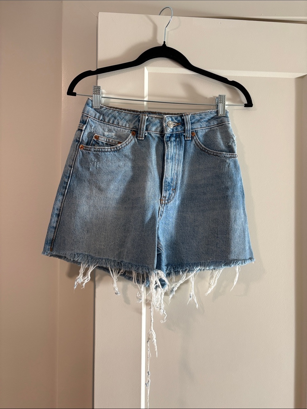 Topshop Light Blue High-Rise Denim Shorts with Frayed Hem